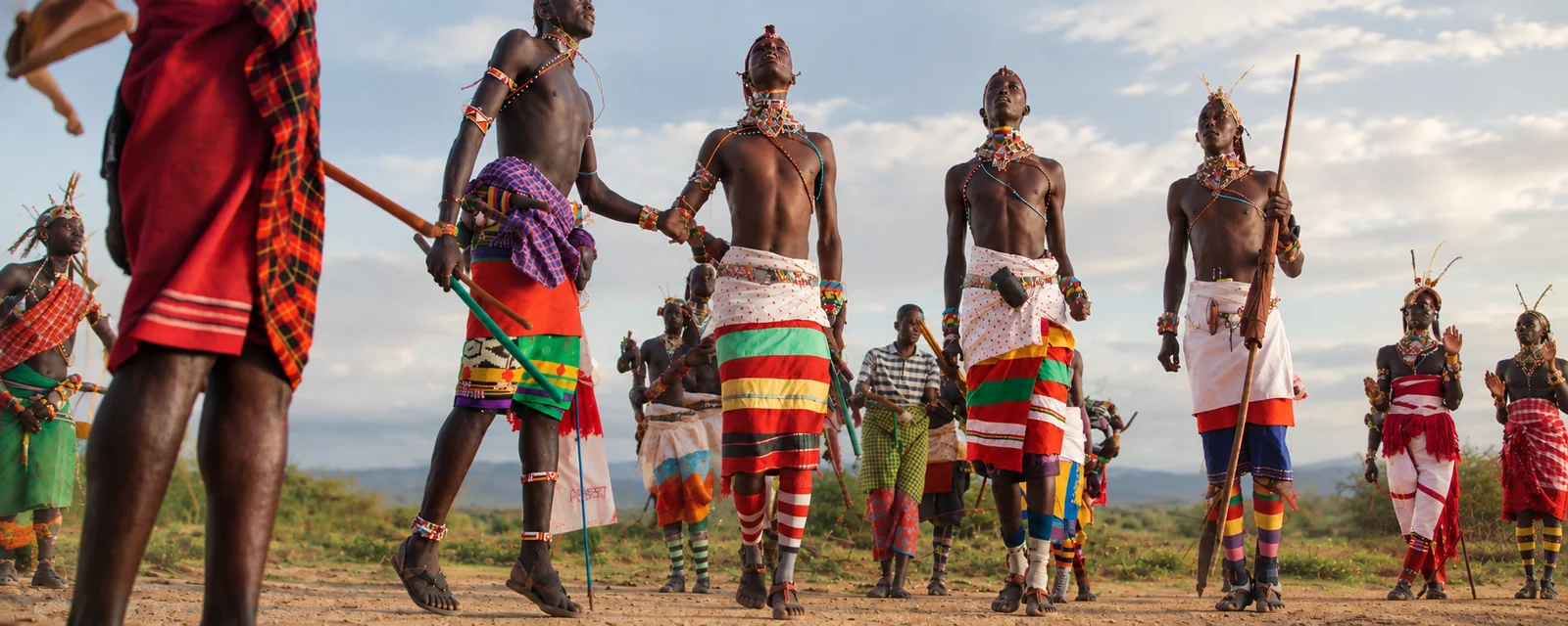 Kenyan cultural performers in traditional dress